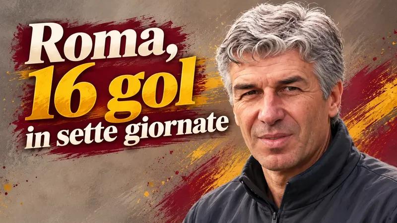 Copertina generata con IA, scritta "Roma, 16 gol in sette giornate": Gian Piero Gasperini in primo piano con abbigliamento del Genoa