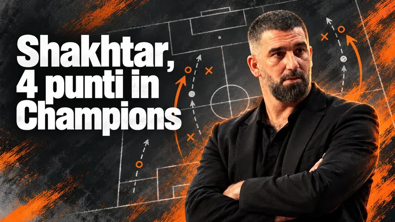 Copertina generata con IA, scritta "Shakhtar, 4 punti in Champions": Arda Turan a bordo campo, in giacca nera