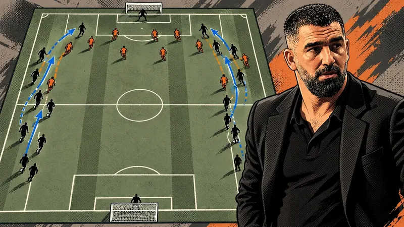 Copertina generata con IA, scritta "Shakhtar, 4 punti in Champions": Arda Turan a bordo campo, in giacca nera